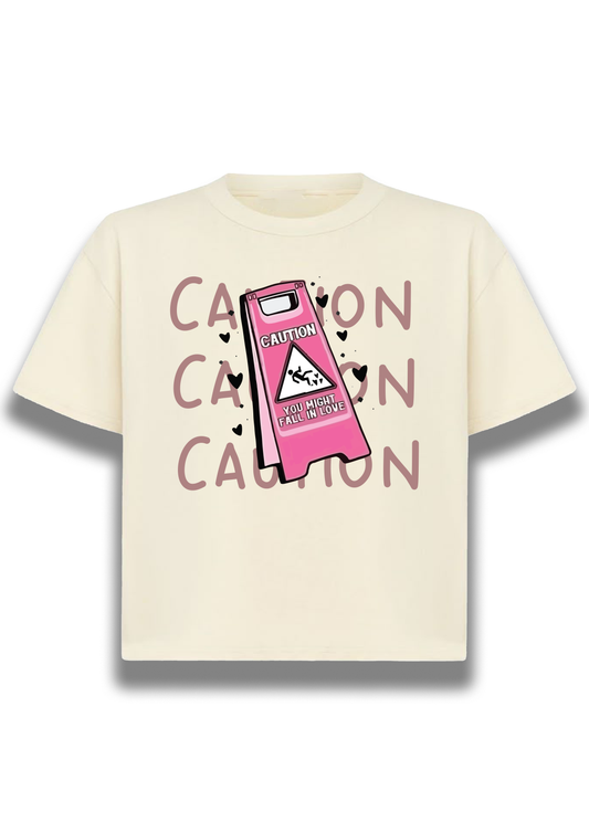 CAUTION PRINTED CUTE TSHIRT FOR WOMEN