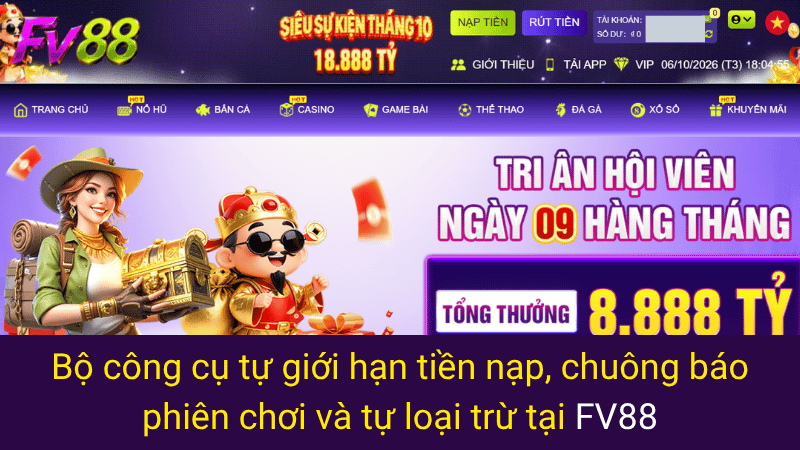 Bộ công cụ tự giới hạn tiền nạp, chuông báo phiên chơi và tự loại trừ tại FV88